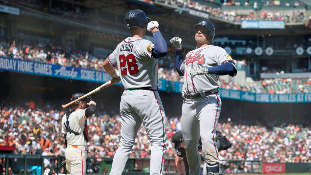 Aug 26, 2023; San Francisco, California, USA; Atlanta Braves infielder Austin Riley (27) celebrates with infielder Matt Olson (28) after hitting a home run against the San Francisco Giants during the fifth inning at Oracle Park.